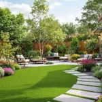 A beautifully backyard landscaping ideas with lush greenery, colorful flowers, a cozy seating area, a stone pathway, and decorative lighting, creating a tranquil and inspiring outdoor space.