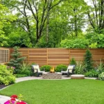 A beautifully landscaped backyard featuring stylish fence ideas, including a classic white picket fence, a modern horizontal slat fence, and a natural bamboo fence, surrounded by vibrant greenery and cozy outdoor seating.