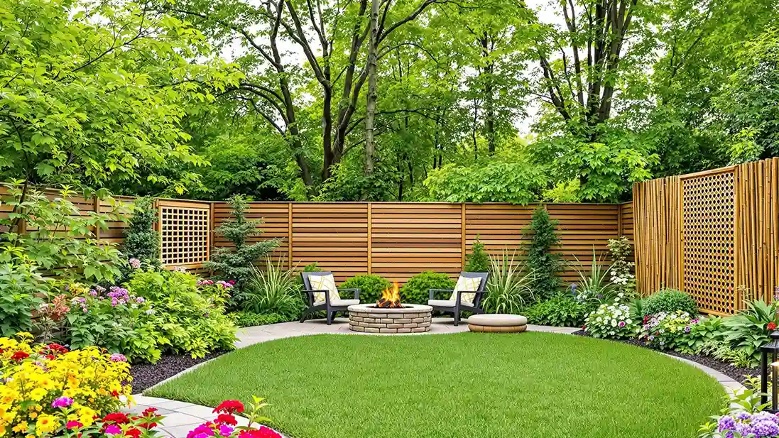 A beautifully landscaped backyard featuring stylish fence ideas, including a classic white picket fence, a modern horizontal slat fence, and a natural bamboo fence, surrounded by vibrant greenery and cozy outdoor seating.